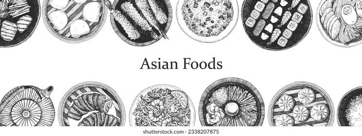 Asian Restaurant Menu. Hand-drawn illustration of dishes and products. Ink. Vector