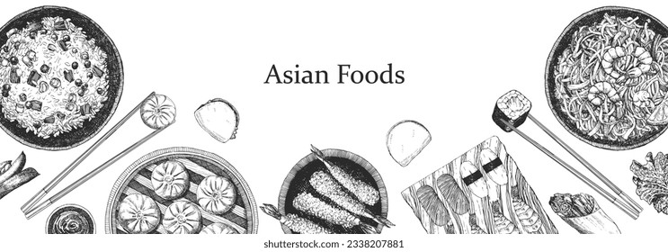 Asian Restaurant Menu. Hand-drawn illustration of dishes and products. Ink. Vector