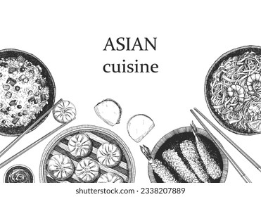 Asian Restaurant Menu. Hand-drawn illustration of dishes and products. Ink. Vector