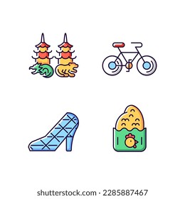 Asian RGB color icons set. Isolated vector illustrations. Taiwanese recreational. High heel wedding church. Dragon tiger pagodas. Chicken cutlet. Cycling simple filled line drawings collection