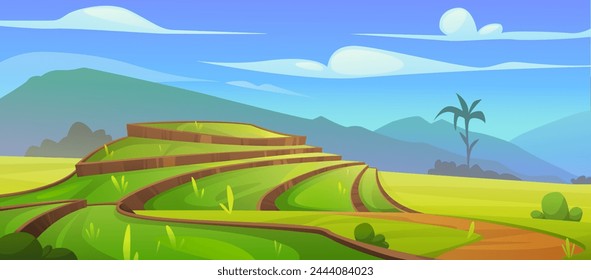 Asian rice field landscape. Vector cartoon illustration of green tea plantation with terrace terrain, bushes, palm tree and green grass on hill, mountain silhouette on horizon, farming land, blue sky