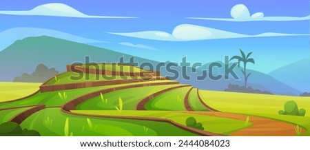 Asian rice field landscape. Vector cartoon illustration of green tea plantation with terrace terrain, bushes, palm tree and green grass on hill, mountain silhouette on horizon, farming land, blue sky