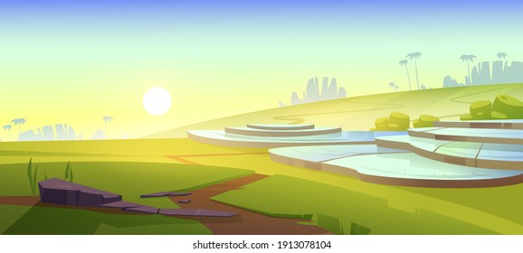 Asian rice field terraces in mountains landscape. Paddy plantation, cascades farm in mount of China, Vietnam, Thailand or Philippines, meadow with green grass scenery view, Cartoon vector illustration