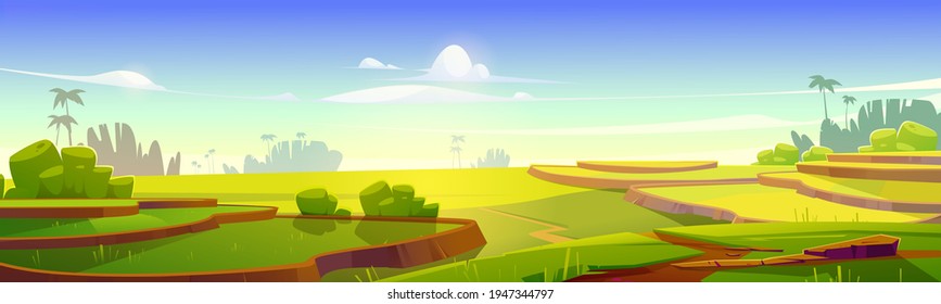 Asian rice field terraces in mountains landscape. Paddy plantation, cascades farm in mount of China, Vietnam, Thailand or Philippines, meadow with green grass scenery view, Cartoon vector illustration
