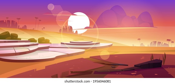 Asian rice field terraces in mountains sunset landscape. Paddy plantation, cascades farm in mount rocks with sun go down in beautiful orange cloudy sky, scenery dusk view, Cartoon vector illustration