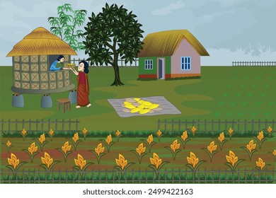 Asian rice paddy fields, impressive huts, agriculture and nature - an illustrated scene of rural village background