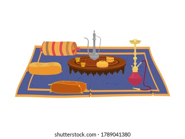 Asian round low table with tea pot and hookah on carpet with colorful decorative pillows around. Traditional wooden arab furniture. Moroccan Interior elements. Cartoon vector. 