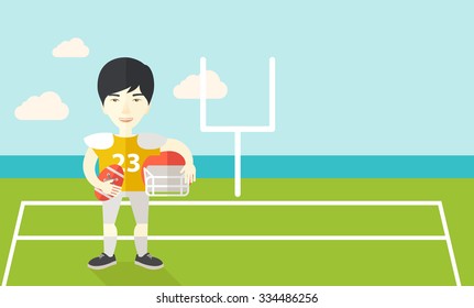 An asian rugby player with ball and helmet in hands standing on the stadium vector flat design illustration. Horizontal layout with a text space for a social media post.