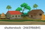 Asian rural village background, Indian village road house, Bangladeshi house yard for cartoon animation, hut vector illustration 