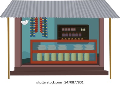 Clipart de la tienda de comestibles de la aldea rural asiática Ilustración vectorial aislada para la animación de dibujos animados