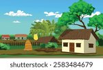 Asian rural village house yard with hey pile, cowshed, bushes, fench, trees, huts and green field under a blue cloudy sky