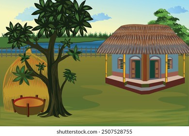 Asian rural village. A stunning picture of a beautiful riverside home surrounded by trees and serene views