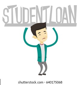 Asian sad man holding a heavy sign of student loan. Young man carrying heavy sign - student loan. Concept of the high cost of student loan. Vector flat design illustration isolated on white background