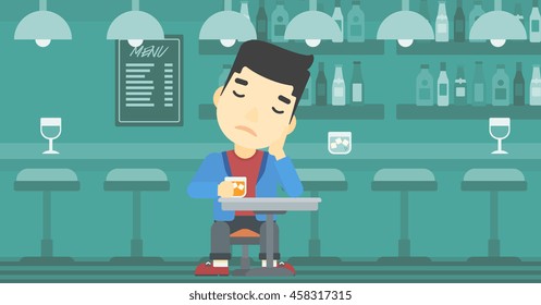 An asian sad man sitting at the bar with glass of alcoholic beverage. Young man sitting alone at the bar and drinking alcohol. Vector flat design illustration. Horizontal layout.
