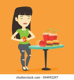 Asian sad woman having stomach ache from heartburn. Young woman suffering from heartburn. Upset woman having stomach ache after fast food. Vector flat design illustration. Square layout.