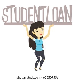 Asian sad woman holding a heavy sign of student loan. Woman carrying heavy sign - student loan. Concept of the high cost of student loan. Vector flat design illustration isolated on white background.
