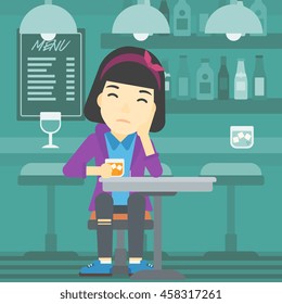 An asian sad woman sitting at the bar with glass of alcoholic beverage. Young woman sitting alone at the bar and drinking alcohol. Vector flat design illustration. Square layout.
