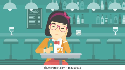 Uma asiática triste mulher sentada no bar com um copo de bebida alcoólica. Jovem sentada sozinha no bar e bebendo álcool. Ilustração de design plano vetorial. Layout horizontal.