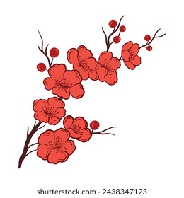 Rama asiática de la flor del cerezo sakura, ilustración vectorial plana simple minimalista aislada sobre fondo blanco. Elemento de imagen prediseñada para plantilla oriental, banner