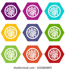 Asian salad icon set many color hexahedron isolated on white vector illustration