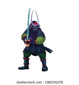 Asian samurai warrior preparing for a fight, holding a sword, vector illustration
