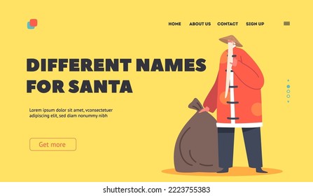 Asian Santa Landing Page Template. Chinese Claus in Red Traditional Oriental Costume and Straw Hat Carry Sack with Gifts. Winter Holidays Christmas and Happy New Year. Cartoon Vector Illustration