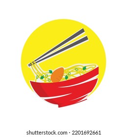 Asian Savory Soup with Noodles and Boiled Egg in Bowl with Chopsticks Vector Illustration. Used in Noodle business.