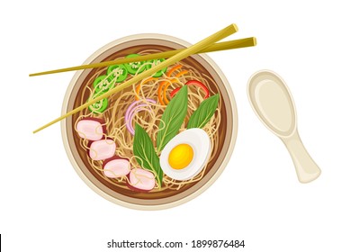 Asian Savoury Soup with Noodles and Boiled Egg in Bowl with Chopsticks Above View Vector Illustration