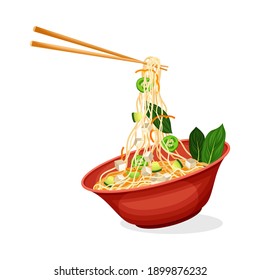 Asian Savoury Soup with Noodles and Cheese in Bowl with Chopsticks Vector Illustration