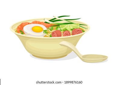 Asian Savoury Soup with Shrimp, Boiled Egg and Noodles in Bowl with Chopsticks Vector Illustration