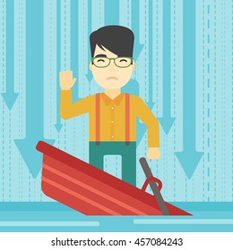 Un empresario asiático asustado parado en un barco que se hunde y pidiendo ayuda. Concepto de bancarrota empresarial. Ilustración de diseño plana vectorial. Diseño cuadrado.