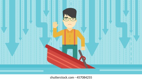 Un empresario asiático asustado parado en un barco que se hunde y pidiendo ayuda. Concepto de bancarrota empresarial. Ilustración de diseño plana vectorial. Diseño horizontal.