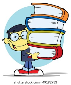 Asian School Boy Carrying A Stack Of Books