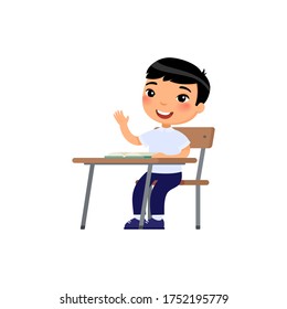 Asian school boy raising hand in classroom for answer, cartoon characters. Elementary school education process. Cute cartoon character. Flat vector illustration on white background. 