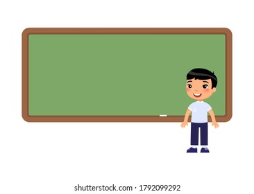 Asian school boy standing near blackboard. Pupil near empty chalkboard cartoon character. Elementary school education process.

