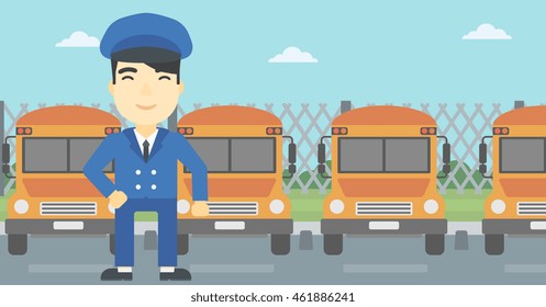 An asian school bus driver standing in front of yellow bus. Vector flat design illustration. Horizontal  layout.