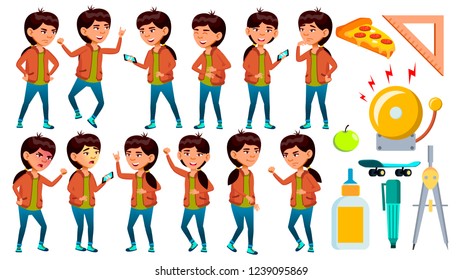 Asian School Girl Poses Set Vector.  Schoolchild. Funny, Friendship, Happiness Enjoyment. For Web, Poster, Booklet Design. Isolated Cartoon Illustration