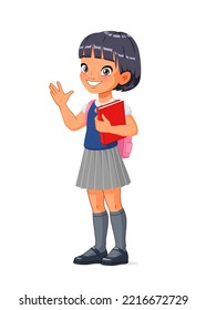 Asian School Girl Waving Hand. Cartoon Vector Illustration Isolated On White Background.