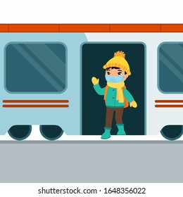 Asian schoolboy gets out of the train and waves his hand. Cute junior high school student with a medical mask on his face. Coronavirus protection concept. Vector illustration on a white background.