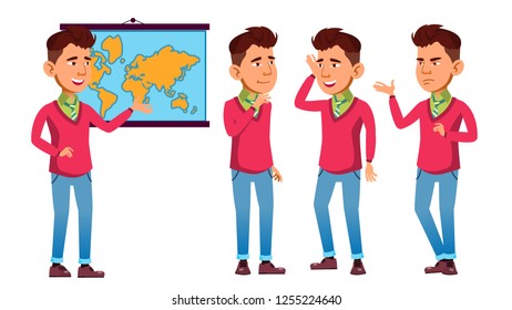 Asian Schoolboy Poses Set Vector. High School Child. Teenage. Beauty, Lifestyle, Friendly. For Announcement, Cover Design. Isolated Cartoon Illustration
