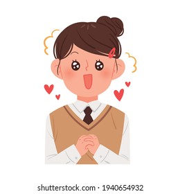 Asian schoolgirl in love. Cute Korean student vector illustration.