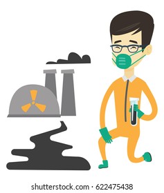 Asian scientist in gas mask and radiation protective suit holding a test-tube with black liquid on the background of nuclear power plant. Vector flat design illustration isolated on white background.