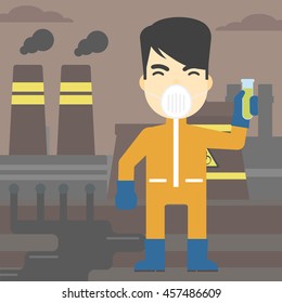 An asian scientist in radiation protective suit. Man holding a test-tube with some liquid on a background of nuclear power plant. Vector flat design illustration. Square layout.