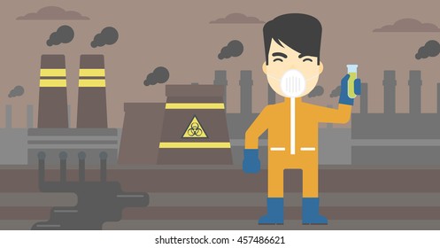 An asian scientist in radiation protective suit. Man holding a test-tube with some liquid on a background of nuclear power plant. Vector flat design illustration. Horizontal layout.
