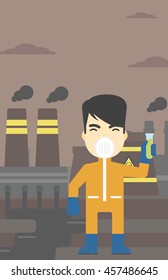 An asian scientist in radiation protective suit. Man holding a test-tube with some liquid on a background of nuclear power plant. Vector flat design illustration. Vertical layout.