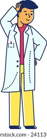 Científico asiático pensando en una bata de laboratorio. Joven doctor masculino reflexionando con la mano en la cabeza, sonriendo. Ilustración de vectores profesional médico de confianza.