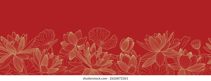 Asian seamless border with lotuses and water lilies. Vector line art, luxury background.