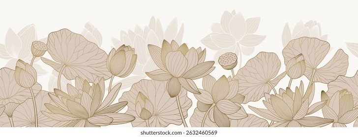Asian seamless border with lotuses and water lilies. Vector line art, luxury background.