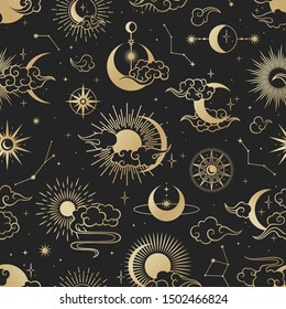 Asian seamless pattern with clouds, moon, sun, stars . Vector collection in oriental chinese, japanese, korean style. Line hand drawn on black background. Retro elements set.