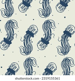 Diseño asiático sin soldadura, Patrón tradicional, Patrón de ondas, patrón japonés, sin soldadura azul, medusas, peces